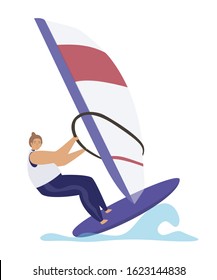 Sail sport flat vector illustration. Woman, girl standing on the board and holding the sail. Extreme Sports, Windsurfing, Active vacation, Championship, Sports types concept.