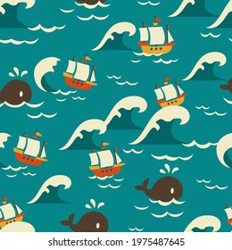 Sail through the raging sea vector graphic seamless pattern can be use for background and apparel design