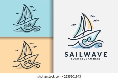 Diseño del logotipo de la ola de vela. Barco de vela creativo en ola oceánica con líneas minimalistas concepto de estilo de arte.