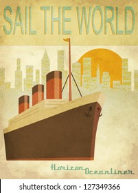 Sail the World - Vintage poster with an ocean-liner and cityscape