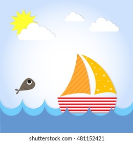 Sail Yacht Boat On See Flat Vector Illustration