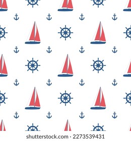 Sail yacht boat regatta vector seamless pattern. Vessel equipment - anchor and helm. Summer marine fabric print. Small ship, sail yacht endless ornament. Sport regatta illustration,