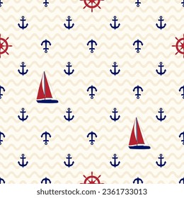 Sail yacht boat regatta vector seamless pattern. Vessel equipment - anchor and helm. Summer marine fabric print. Small ship, sail yacht endless ornament. Sport regatta illustration, beige background