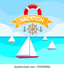 Sail Yacht Boat Sea, Sailing Ocean Vacation Logo, Marine Trip on Cruise Ship Travel Concept Flat Vector Illustration