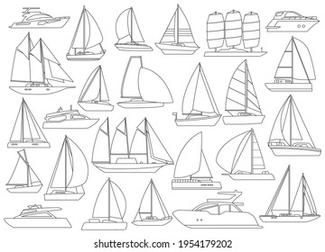 Icono de conjunto de contorno vectorial del yate de vela. Vector ilustra el velero sobre fondo blanco. Yate de vela de icono de conjunto de contorno aislado.