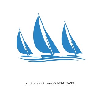 Sail yachts on regatta icon for yachting sport club with sailboats on waves, vector badge. Three yachts sailing on ocean or sea waves, blue silhouettes symbol for marine or nautical sport club