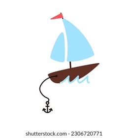 Sailboat with anchor on waves cartoon icon. Clipart image isolated on white background svg