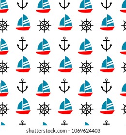 Sailboat, anchor and ship steer seamless pattern.
