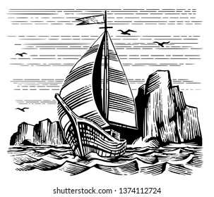Sailboat in the background of the mountains beach. Hand drawn sketch vector illustration scratchboard
 engraving. The yacht sailing on the waves. Gulls in the sky.
