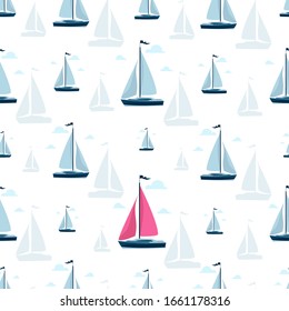 Sailboat background. Yacht club. Sailboat side view. Seamless pattern. Luxury yacht racing, ocean, sailing regatta vector illustration. Sea travel around the world, yacht racing.