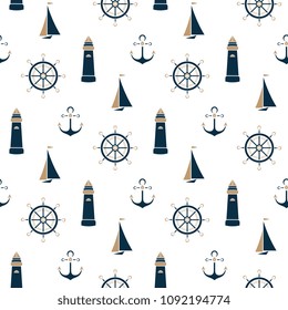 Sailboat, beacon, anchor, steering wheel seamless pattern.