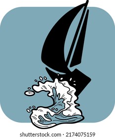 Sailboat and big wave. Yachting sport competition, sailing regatta, race in the sea. Ocean, nautical, navy theme. Luxury lifestyle, traveling by boat. Yacht club logo, postcard, poster vector design.