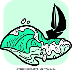 Sailboat and big wave. Yachting sport competition, sailing regatta, race in the sea. Ocean, nautical, navy theme. Luxury lifestyle, traveling by boat. Yacht club logo, postcard, poster vector design.