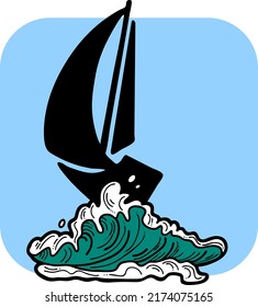 Sailboat and big wave. Yachting sport competition, sailing regatta, race in the sea. Ocean, nautical, navy theme. Luxury lifestyle, traveling by boat. Yacht club logo, postcard, poster vector design.