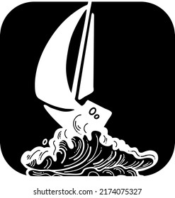 Sailboat and big wave. Yachting sport competition, sailing regatta, race in the sea. Ocean, nautical, navy theme. Luxury lifestyle, traveling by boat. Yacht club chalkboard style vector design.