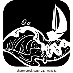 Sailboat and big wave. Yachting sport competition, sailing regatta, race in the sea. Ocean, nautical, navy theme. Luxury lifestyle, traveling by boat. Yacht club chalkboard style vector design.