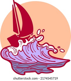 Sailboat and big wave. Yachting sport competition, sailing regatta, race in the sea. Ocean, nautical, navy theme. Luxury lifestyle, traveling by boat. Yacht club logo, postcard, poster vector design.