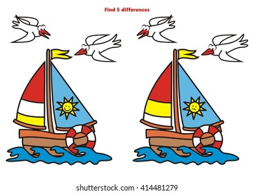 sailboat and birds, find 5 differences, board game for children, vector illustration