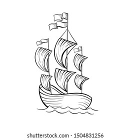 Sailboat black and white vector illustration. Ancient vessel with sails and flags sketch for coloring book. Vintage ship on waves engraving. Travel agency logo. Voyage tour poster design element