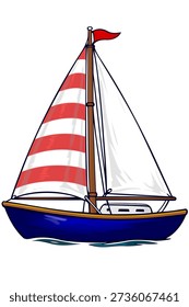 Sailboat with blue sail on the background of blue sea