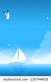 Sailboat at the Blue Sea. Clouds and Seagulls. Vectoral Poster Illustration.