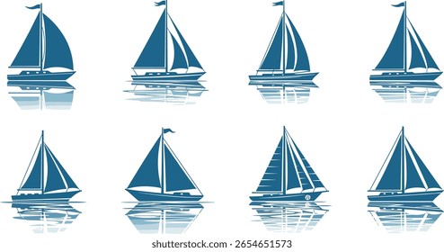 veleiro, azul, vetor, barco, oceano, mar, marina, gráfico, isolado, vela, ícone, arte, férias, branco, set, náutico, iate, vela, design, água, logotipo, pirata, elemento, marinheiro, regata, tour tou