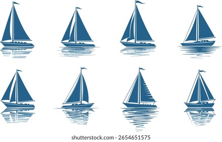 veleiro, azul, vetor, barco, oceano, mar, marina, gráfico, isolado, vela, ícone, arte, férias, branco, set, náutico, iate, vela, design, água, logotipo, pirata, elemento, marinheiro, regata, tour tou