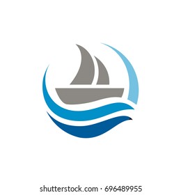 Sailboat With Blue Wave Logo. Sailing And Transportation Logo Template