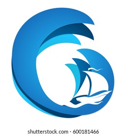 Sailboat in blue waves travel symbol