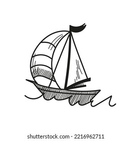Sailboat, boat, children's drawing. Can be used as a coloring book, print on a T-shirt. Children's motif, doodle, sketch.