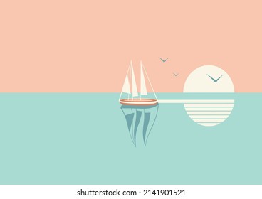 Sailboat or boat floats in the sea at sunset.