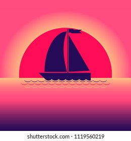 Sailboat, boat on the background of a crimson sunset in the sea or ocean. Vector illustration. Cruise, trip, boat trip.