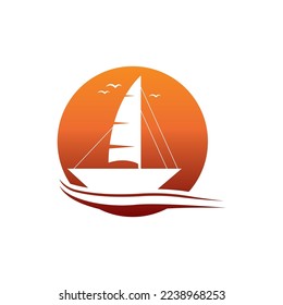 Sailboat boat on sea ocean wave with logo design simple ship