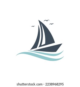 Sailboat boat on sea ocean wave with logo design simple ship