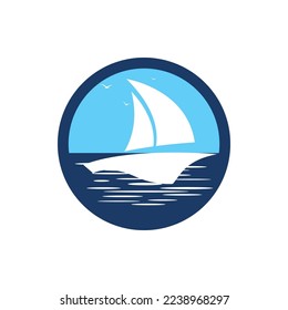 Sailboat boat on sea ocean wave with logo design simple ship