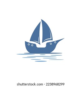 Sailboat boat on sea ocean wave with logo design simple ship