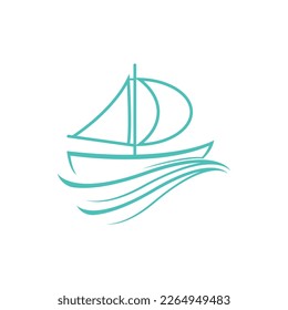 Sailboat boat on sea ocean wave with logo design simple ship