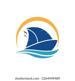 Sailboat boat on sea ocean wave with logo design simple ship