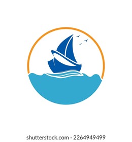 Sailboat boat on sea ocean wave with logo design simple ship