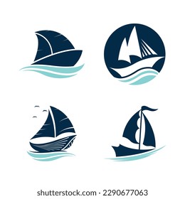 Barco de vela en ola oceánica con logo diseño simple