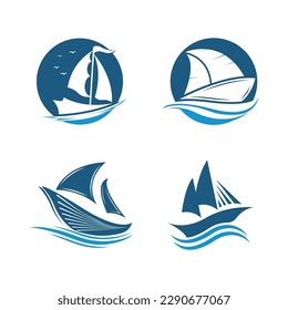 Barco de vela en ola oceánica con logo diseño simple