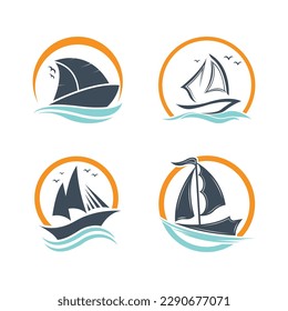 Sailboat boat on sea ocean wave with logo design simple ship