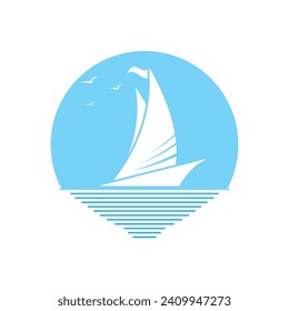 Sailboat boat on sea ocean wave with logo design simple ship