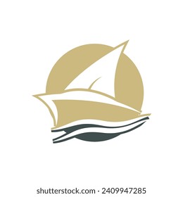 Sailboat boat on sea ocean wave with logo design simple ship