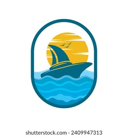 Sailboat boat on sea ocean wave with logo design simple ship