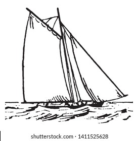 Sailboat is a boat propelled partly or entirely by sails smaller than a sailing ship, vintage line drawing or engraving illustration.