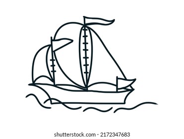 Barco de vela, barco con velas y banderas en las olas, dibujo a mano alzada con trazo negro, sobre un fondo transparente, para imprimir y colorear