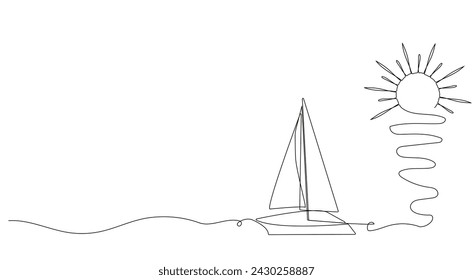 Sailboat, boat, ship, sea wave and palm tree, sun. The concept of travel, rest, cruise, sea. Hand drawing one solid line. Vector.