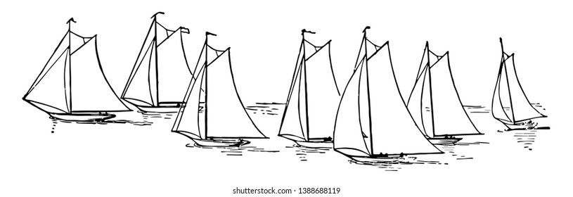 A sailboat is a boat which drive by sails. Sailboats are of different types. Illustration shows 7 sailboats in a water going in same direction, Vintage line drawing or engraving illustration.