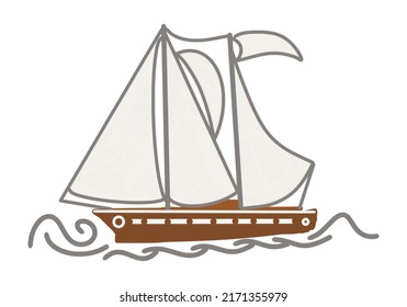 Sailboat, boat with white sails on the waves, color illustration, on a transparent background, drawing for design and print